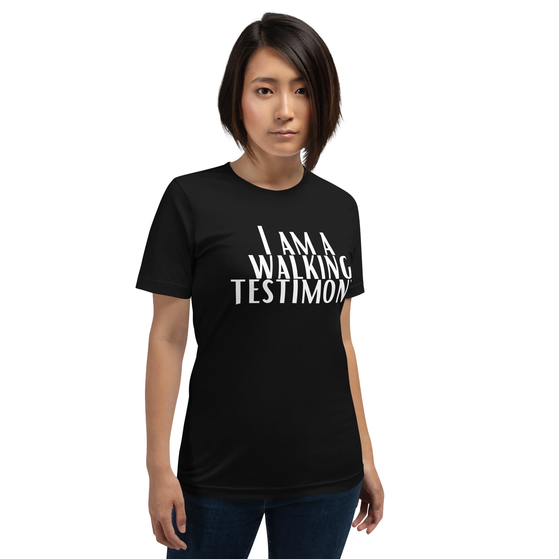 Black unisex t-shirt with 'I Am a Walking Testimony' printed in bold white lettering